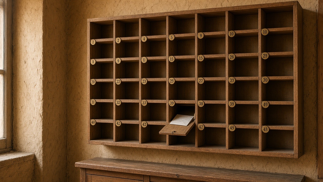 A wall of wooden pigeonhole mail slots with brass plates